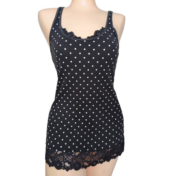 VTG Y2K Lace Trim Polka Dot Cami Top Small Preppy 90s Coquette Grunge Stretch - Picture 1 of 5